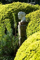 Classic statue of man's face and head sits atop plinth by topiary hedge. 