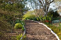 Long winding bark path by spring interest borders. 