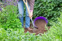 Woman using a fork to dig over an area in the border ready for planting.