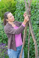 Woman tying together hazel sticks with twine to create a teepee