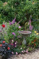 A bird bath set in flowering border. BBC Springwatch Garden, designed by Jo Thompson. RHS Hampton Court Palace Garden Festival, 2019.

