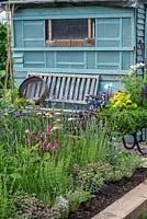 Community allotment with raised bed of herbs and flowers.