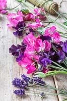 Lathyrus odoratus - Cut Sweet pea 'Jenny' and 'Arianne' flowers on a wooden table
