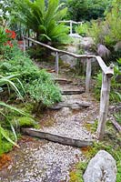 Riven oak handrails snake up the steepiy sloping garden beside shallow steps, past large granite outcrops surrounded by lush ferns including Dicksonia antartica - Tree Ferns. 