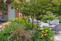 Seen through multi-stemmed amelanchier, herbaceous spring bed and relaxed seating area