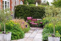 Flanked by olive trees in pots, a stone path leading to seating area edged in euphorbia, hardy geraniums, geums, centaureas, alliums, irises, box balls and pheasant's tail grasses.