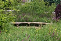 Curving oak bench surrounded by wildflowers, buttercups, red campion, vetch and daisies. Behind, screen of Amelanchier lamarckii and cotinus.
