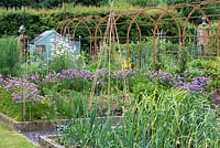 Raised beds in a vegetable parterre, planted with onions, chives and beans ready to clamber up a cane wigwam.