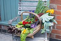 A trug of freshly picked vegetables and flowers picked from a kitchen garden.