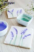 Salt dough tiles with lavender flower impressions - painted once dried 