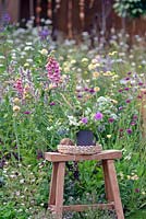 Cut flowers in plastic pot on old wooden stool. RHS Hampton Court Festival 2019.