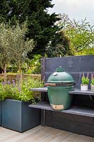 Modern outdoor kitchen with BBQ and containers with Olea europaea - Olive trees and Salvia officinalis.
