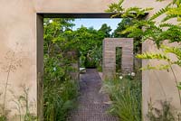 Brick path leading through garden rooms with Belgian brick paver partitions  - The RHS Sanctuary Garden, RHS Hampton Court Palace Flower Festival 2019