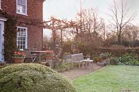 View of terrace near house, with wooden furniture under a pergola supporting Vitis vinifera 'Rembrandt' - Grape Vine