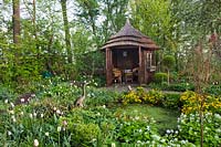 Wooden gazebo beside the pond in April. Planting includes tulips, Caltha palustris - Marsh marigold, Pachyphragma macrophylla and Euphorbia. 