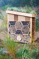 Bee hotel constructed by Dorset Wildlife Trust volunteers and sited in the Sunny Meadow at Knoll Gardens