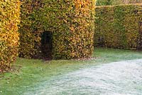 Opening into a hornbeam hedge in the walled garden at Marks Hall in autumn, designed by Brita von Schoenaich's 