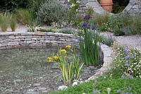 The Harmonious Garden of Life garden with a water feature made from dry stone walling bordered by a gravel path with Stipa tenuissima bordering the pond with irises - Sponsor: Mr Robert and Mrs Sue Cawthorn Margheriti Piante, Italy