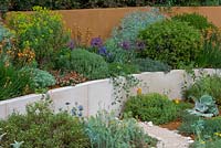 The Dubai Majlis Garden. Naturalistic planting of drought-tolerant species in oranges and blues fills curving raised beds backed by white limestone and walls painted with a burnt Sienna shade. Sponsor: Dubai.