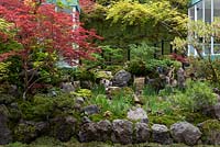 Photographer: Nicola Stocken. Green Switch Garden. A Japanese garden with a sedum roof structure overlooking waterfalls tumbling into a pond, surrounded by acers, pines, ferns and mosses. Sponsor: G-Lion.