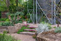 The Resilience Garden, RHS Chelsea Flower Show 2019 - Steps leading up to a repurposed grain silo, Yucca recurva and Puya coerulea 