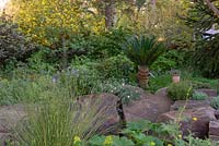 Large boulders in a woodland setting - The Resilience Garden, RHS Chelsea Flower Show 2019 