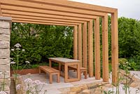 Wooden pergola with table and benches - Kampo no Niwa, RHS Chelsea Flower Show 2019