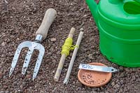 Tools and materials ready for sowing Pak Choi 'Red Choi'.