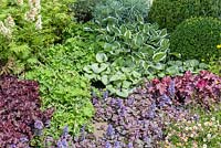 A Hampton Garden, detail of foliage planting. Plants include: Heuchera, Hosta, Brunnera 'Jack Frost', Ajuga reptans and Alchemilla mollis. Sponsor: Squires Garden Centres