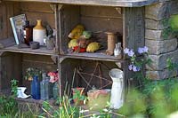 The Naturecraft Garden. Detail of old wooden crates used as garden storage space. Sponsor: Belvoir Fruit Farms.