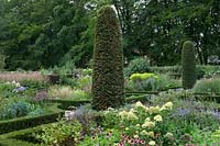 View over flower beds edged Buxus - Box - and with topiary columns. Beds contain flowering plants including: Hydrangea and Echinacea 