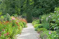 Double border with paved path to focal point topiary. Borders include: Echinacea, Phlox and Hibiscus 