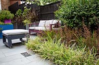 Small contemporary garden in West London Planting includes Carex Ice Dance, Heuchera Obsidian, Prunus lusitanica Myrtifolia, with garden sofa and stool in background.