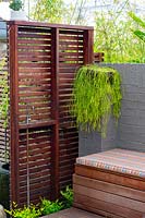 Freestanding hardwood timber slat screen with an inbuilt cold water tap next to a timber bench seat infront of a painted brick fence, featuring a Rhipsalis, succulent in a hanging basket.