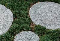 Round cast in situ concrete stepping stone, set into the ground with a planting of mini Mondo grass.