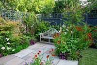 Contemporary garden in West London with grey painted fence and trellis - view through borders with Helenium Moerheim Beauty, Hydrangea Vanille Fraise, Acer Katsura, Prunus Autumnalis Rosea.