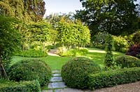 View over topiary and lawn to circle of pleached Carpinus betulus - Hornbeam 
