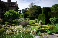 View over parterre garden, to topiary, hedging and house beyond