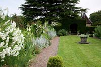 Herbaceous border, gravel path and lawn in formal garden, hedge and specimen tree beyond