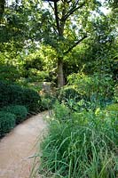 View up curved pathway with clipped, pruned hedging on one side and naturalistic planting on the other. 