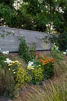 View of boundary brick wall topped with horizontal slatted fence painted grey. Flower bed in front of wall contains obelisk and plants: Phlox 'David', Achillea 'Moonshine', Stipa arundinacea, Helenium 'Moerheim Beauty' and Alchemilla mollis
