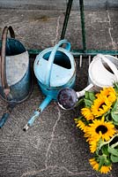 Watering cans and rake