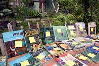 Garden books for sale on stall Alexandra Palace Allotments, London Borough of Haringey.