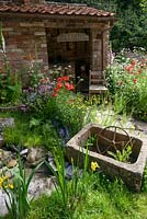 Wildflowers including Papaver, Digitalis, Ranunculus, Anthriscus sylvestris and Lychnis flos-cuculi in The Old Forge for Motor Neurone Disease Association Garden - RHS Chelsea Flower Show 2015