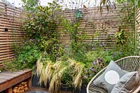 London contemporary garden -  lower wood deck area with  wooden seat and cushions with  a small raised border with Stipa tenuissima, Geranium johnsons blue, Magnolia grandiflora. Surrounded by cedar batten fencing