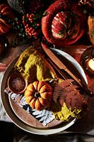 Autumnal table setting with napkin, gourd and fern shaped name tag.