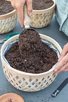 Woman filling lined basket with compost using a scoop