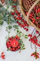 Overhead view of Rosa - Rosehips - and Eucalyptus foliage, alongside table decorations with red candle