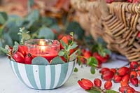 Arrangement with red candle in strippy dish with rosehips and Eucalyptus foliage