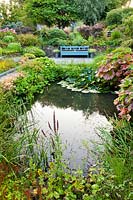 View across the pond and pondside planting to a bench in sunken garden